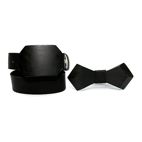 Чорний набір ремінь з дерев’яною пряжкою плюс метелик Gofin RDB-3910