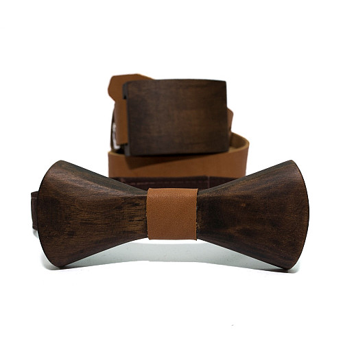 Набір ремінь з дерев’яною пряжкою коричневий плюс метелик Gofin RDB-3911