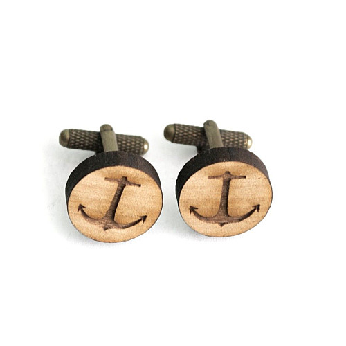 Деревянные запонки круглые Якорь обычный DZP-0608