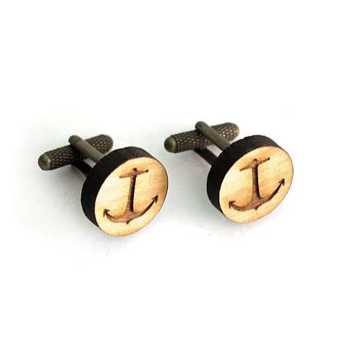 Деревянные запонки круглые Якорь обычный DZP-0608