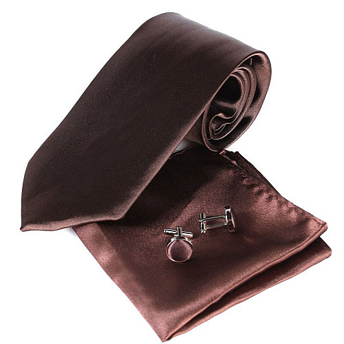 Коричневый набор Gofin галстук 8 см, платок, запонки GZL-3613