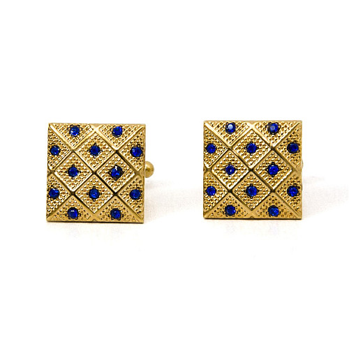 Квадратні запонки Gofin золотисті в ромбіки з синіми камінчиками ZPH-1261