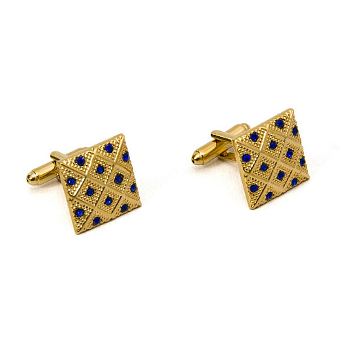 Квадратні запонки Gofin золотисті в ромбіки з синіми камінчиками ZPH-1261