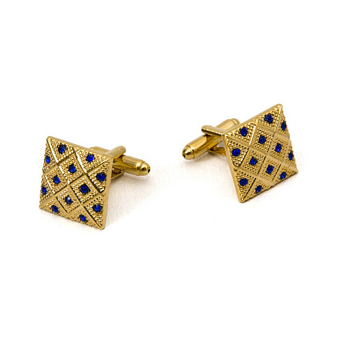 Квадратні запонки Gofin золотисті в ромбіки з синіми камінчиками ZPH-1261