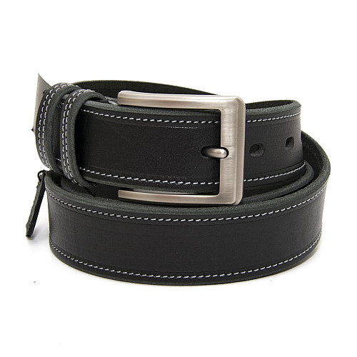 Шкіряний чорний чоловічий ремінь під джинси з сірими нитками RGNA-5081