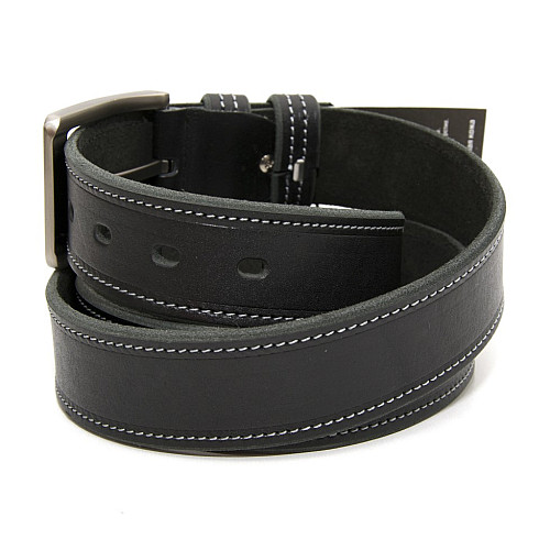 Шкіряний чорний чоловічий ремінь під джинси з сірими нитками RGNA-5081