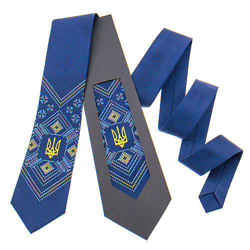 Галстук синий с вышивкой и трезубцем №821 LN-2119