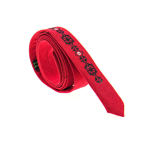 Тонкий галстук с вышивкой красный №827 LN-2125