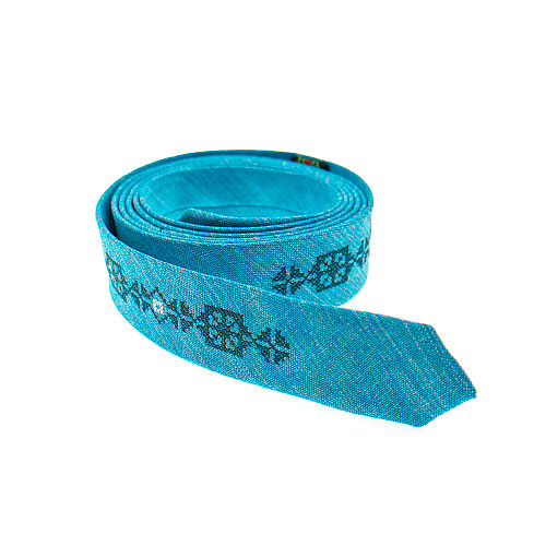 Тонкий галстук с вышивкой берюзовый №835 LN-2133