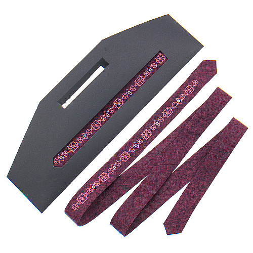 Тонкий галстук с вышивкой бордовый №836 LN-2134