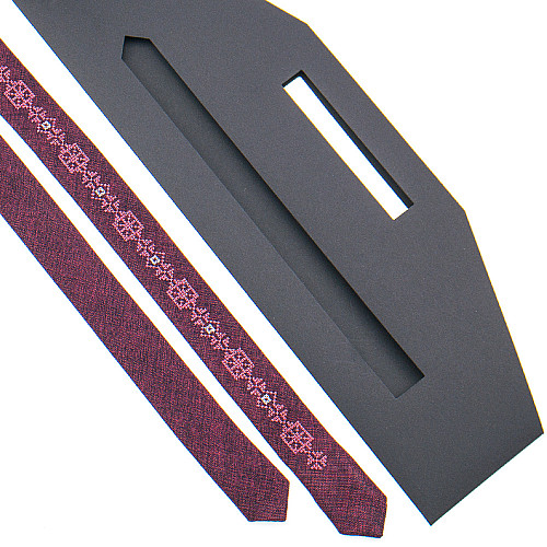 Тонкий галстук с вышивкой бордовый №836 LN-2134