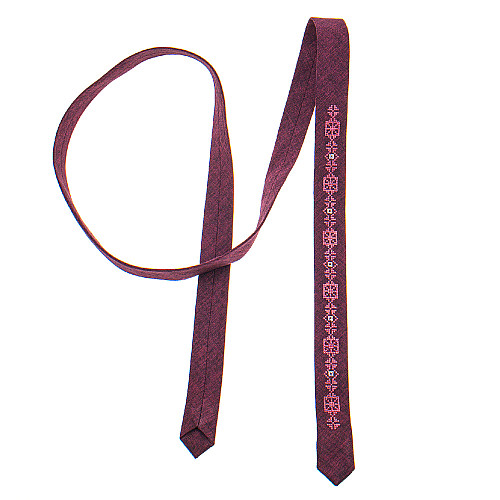 Тонкий галстук с вышивкой бордовый №836 LN-2134