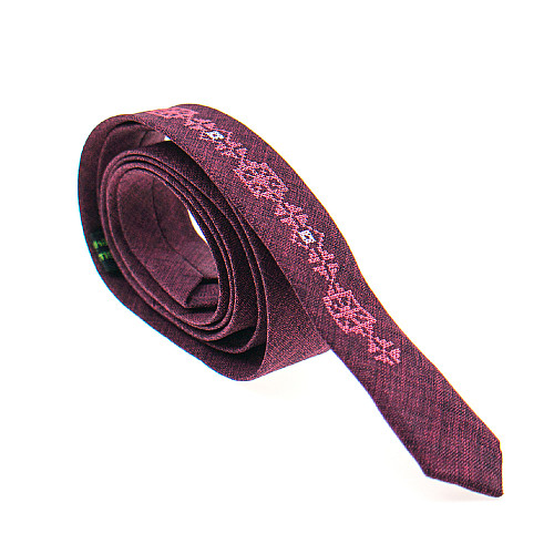 Тонкий галстук с вышивкой бордовый №836 LN-2134