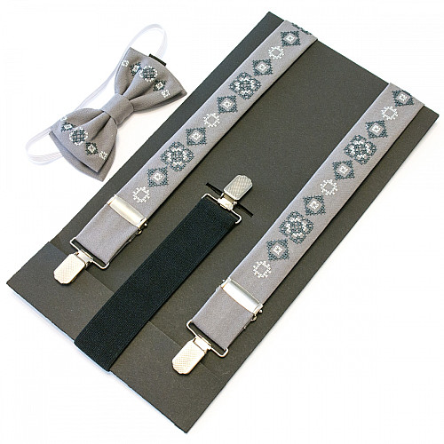 Детские вышитые подтяжки с бабочкой серые NR-3701