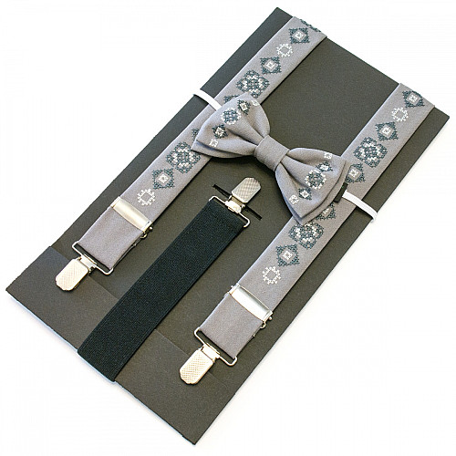 Детские вышитые подтяжки с бабочкой серые NR-3701