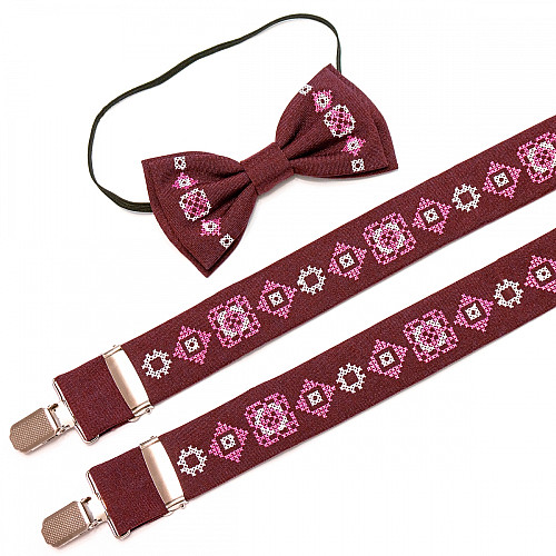 Дитячі вишиті підтяжки з метеликом Бордові NR-3708