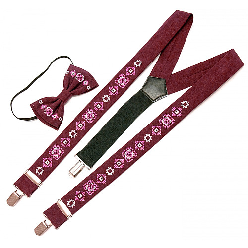 Дитячі вишиті підтяжки з метеликом Бордові NR-3708