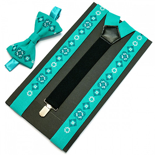 Вишиті підтяжки з метеликом м’ятні NR-3715