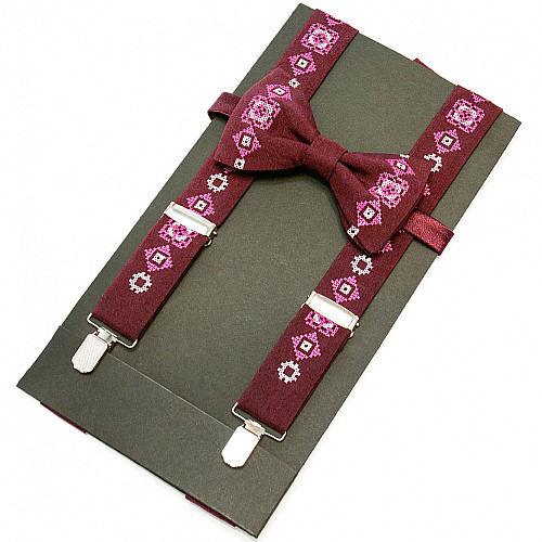 Вишиті підтяжки з метеликом Бордові NR-3716