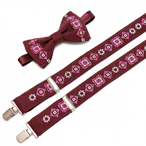 Вишиті підтяжки з метеликом Бордові NR-3716
