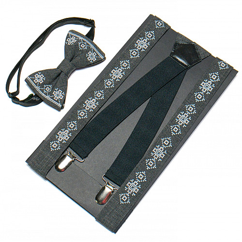 Вышитые подтяжки в наборе с бабочкой серые №753 NR-3719