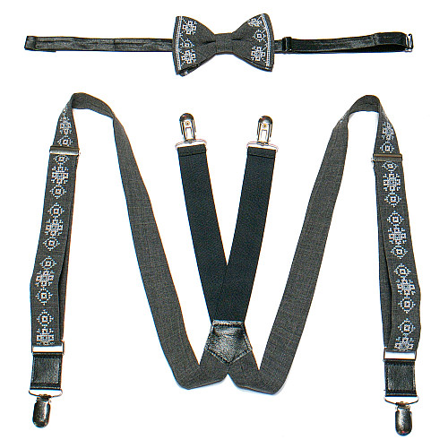 Вышитые подтяжки в наборе с бабочкой серые №753 NR-3719
