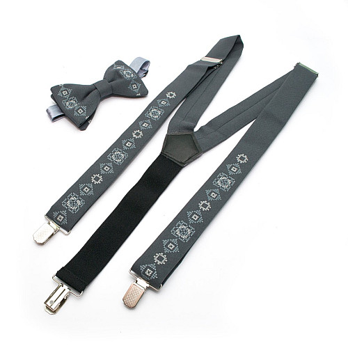 Сірий набір вишиті підтяжки в наборі з метеликом NR-3722