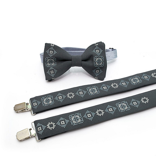 Сірий набір вишиті підтяжки в наборі з метеликом NR-3722