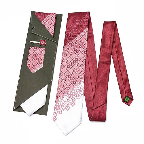 Чоловіча вишита краватка з зажимом Бордове Трiо LNTZ-4002