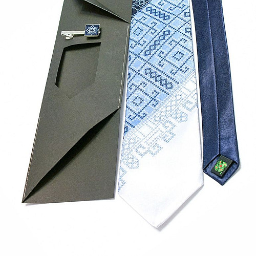 Мужской вышитый галстук с зажимом Синее Трио LNTZ-4003