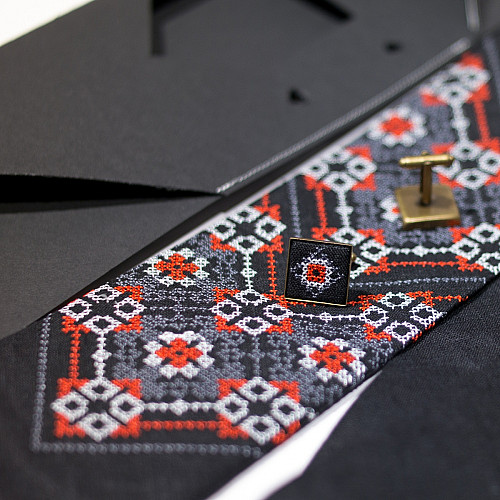 Черный вышитый набор 2 в 1 с галстук и запонками из льна №698 JN-0030