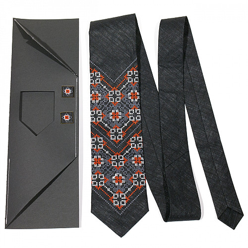 Черный вышитый набор 2 в 1 с галстук и запонками из льна №698 JN-0030
