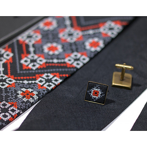 Черный вышитый набор 2 в 1 с галстук и запонками из льна №698 JN-0030