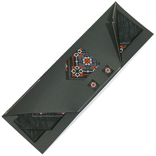 Черный вышитый набор 2 в 1 с галстук и запонками из льна №698 JN-0030