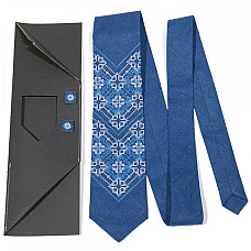 Темно-синій вишитий набір 2 в 1 з краваткою і запонками з льону №697 JN-0032