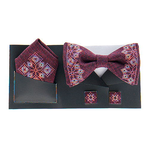 Бордовий набір вишитий метеликз хустинкою і запонками №866 JN-0033