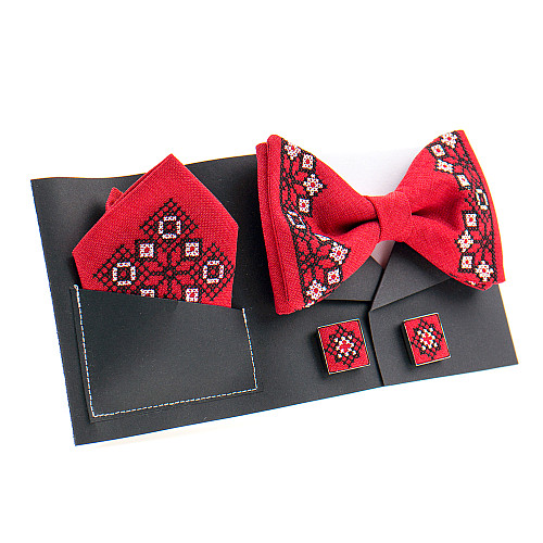 Красный набор вышитая бабочка с платком и запонками №857 JN-0035