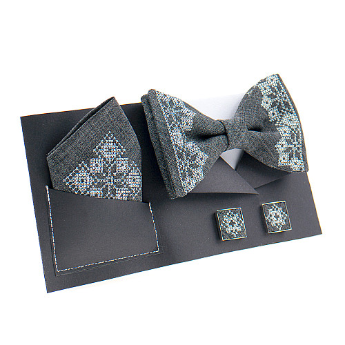 Серый набор вышитая бабочка с платком и запонками №856 JN-0036