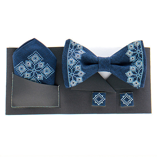 Темно-синій набір вишитий метелик з хустинкою і запонками №855 JN-0037