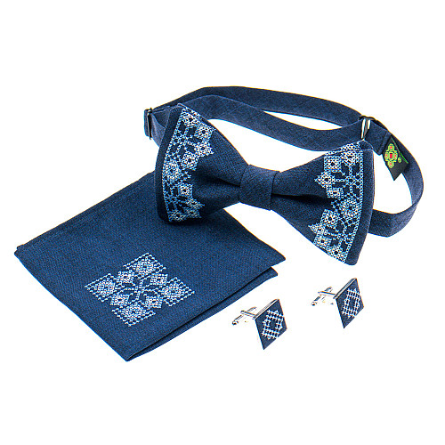 Темно-синій набір вишитий метелик з хустинкою і запонками №855 JN-0037