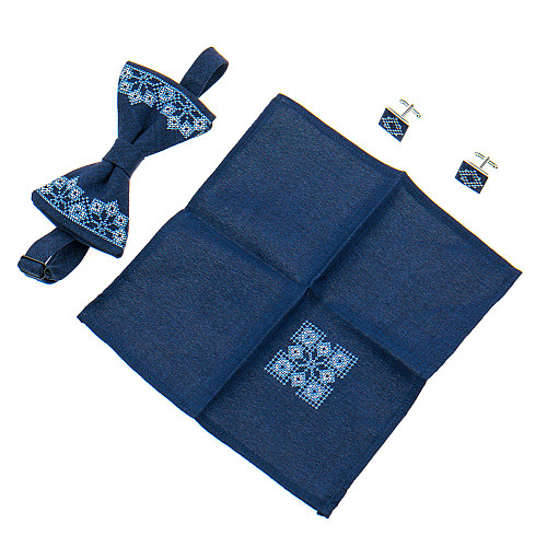 Темно-синій набір вишитий метелик з хустинкою і запонками №855 JN-0037