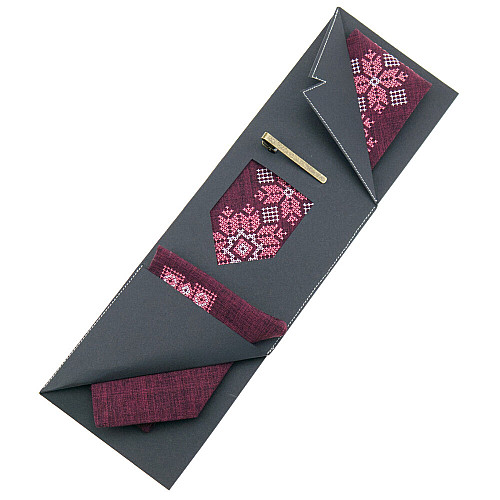 Бордовый набор вышитый галстук с платком и зажымом №865 JN-0039