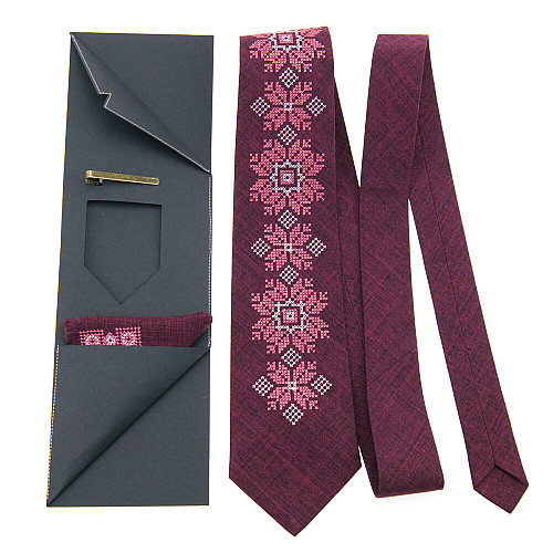Бордовый набор вышитый галстук с платком и зажымом №865 JN-0039