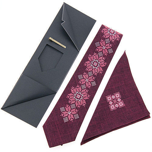 Бордовый набор вышитый галстук с платком и зажымом №865 JN-0039