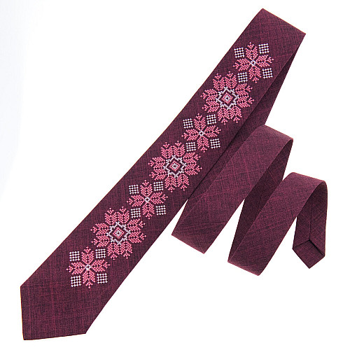 Бордовый набор вышитый галстук с платком и зажымом №865 JN-0039