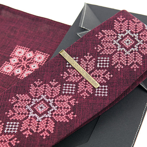 Бордовый набор вышитый галстук с платком и зажымом №865 JN-0039