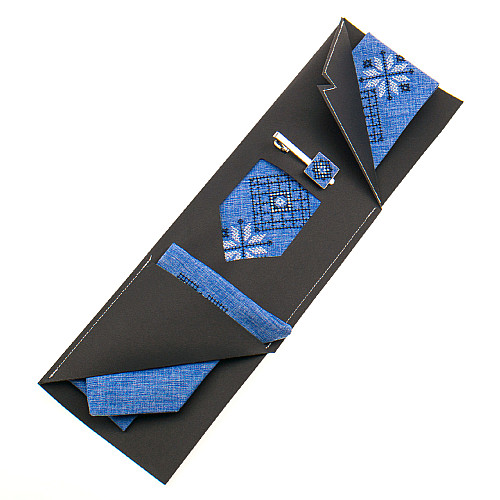 Блакитний набір вишита краватка з хустинкою та зажимом №864 JN-0040