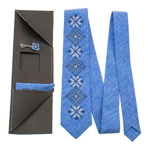 Блакитний набір вишита краватка з хустинкою та зажимом №864 JN-0040