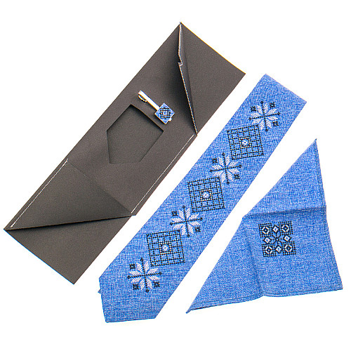 Блакитний набір вишита краватка з хустинкою та зажимом №864 JN-0040