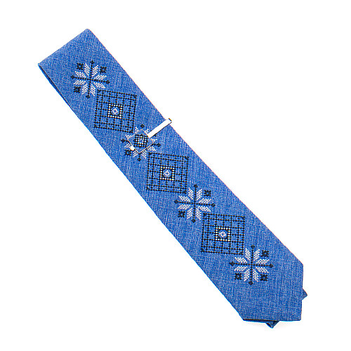 Блакитний набір вишита краватка з хустинкою та зажимом №864 JN-0040